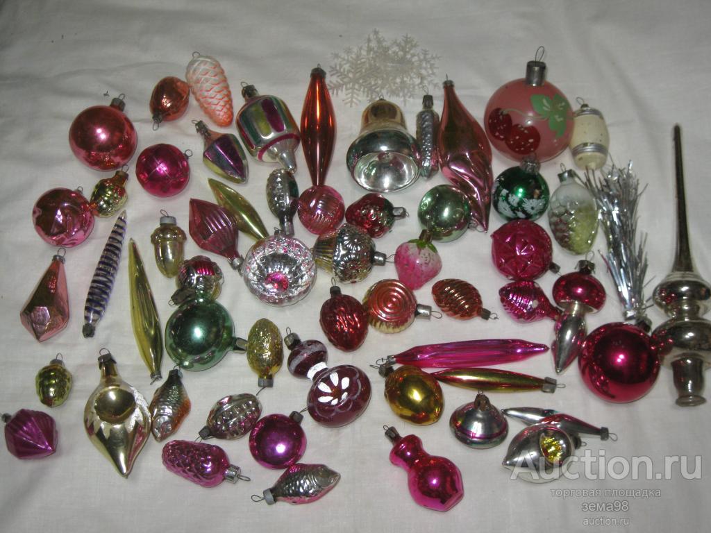 Елочные игрушки. Ассорти. 50+ штук. Стекло. СССР.