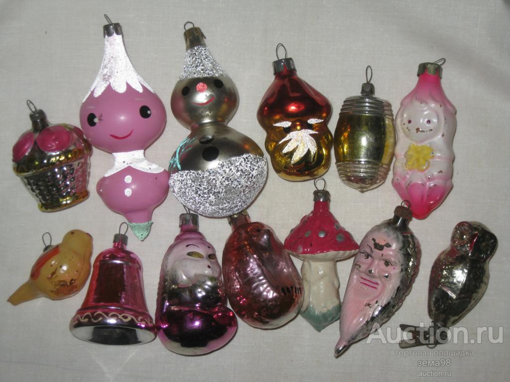 Елочные игрушки. Ассорти. 13 штук. Стекло. СССР.