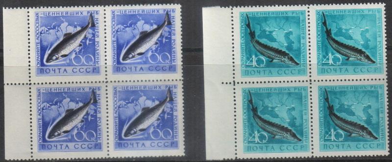 1959 г. МАРКИ СССР. Рыбы. Квартблоки. MNH