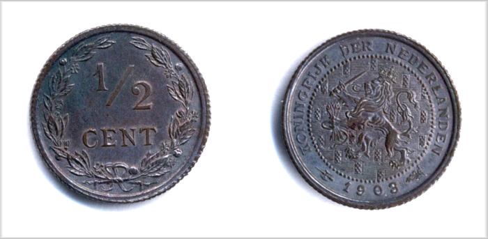 Нидерланды 1/2 цента 1903 год состояние unc