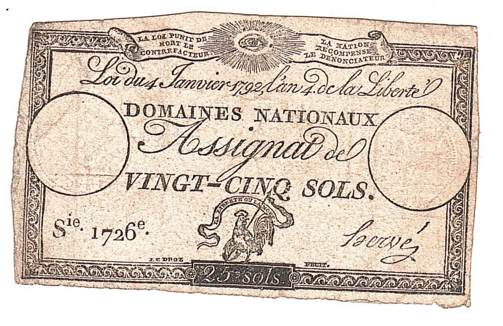 Франция 25 соль Ассигнат вз . медальоны 1792 Петух