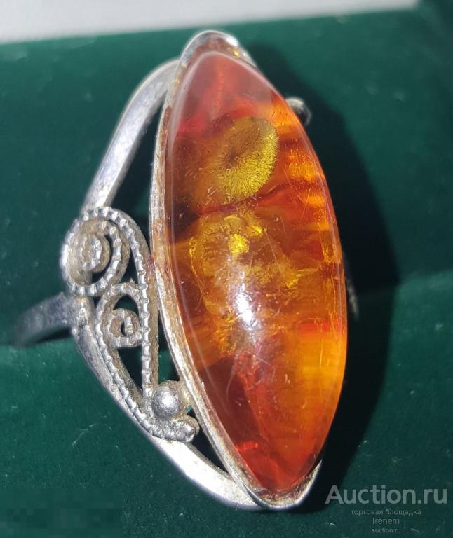 Кольцо янтарь в мельхиоре, р. 19, скань, СССР. 