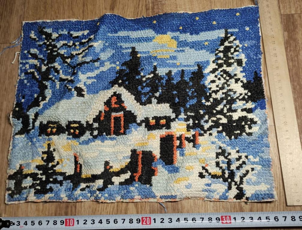 ручная вышивка Зимняя хижина, старинная