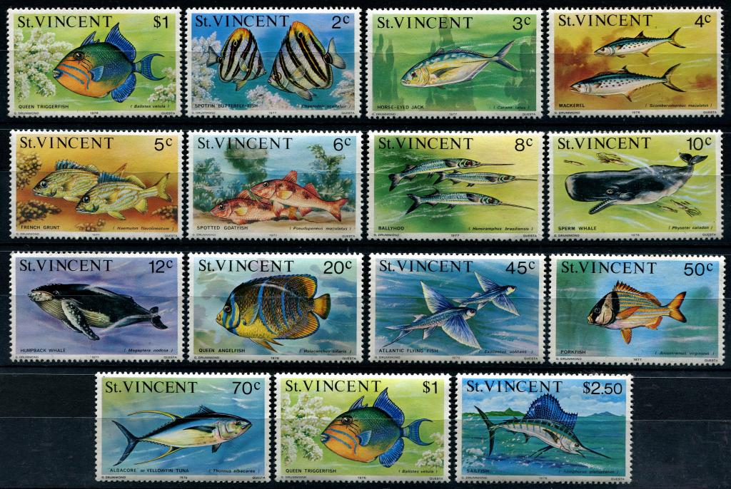 1976 1977 г Сент Винсент фауна рыбы 15 шт MNH чист