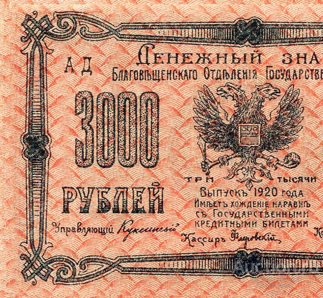 Денежный знак 3000 рублей 1920 Благовещенск копия боны арт. 19-7131