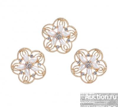 Брошь цветок #8 жемчуг, стразы, цвет золото арт. 16-13398