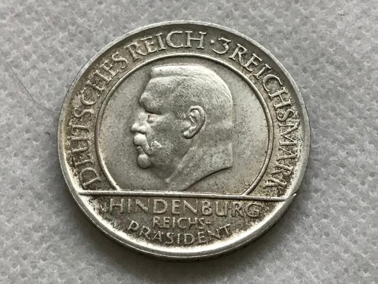 Германия Веймарская республика 3 марки 1929 D (Мюнхен) Серебро Гинденбург 10 лет Конституции