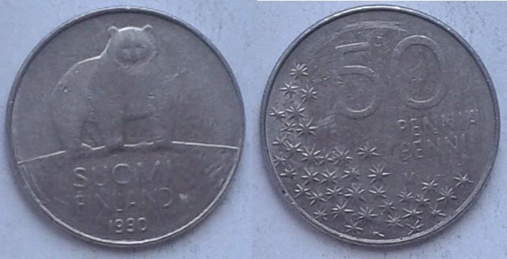 Финляндия. Белый медведь - 50 пенни, медь-никель, 1990