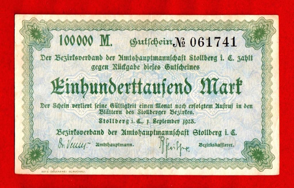 Германия (Штольберг - Stollberg), 100000 (100 тыс.) марок, 1923, XF+, № 061741, РЕДКАЯ