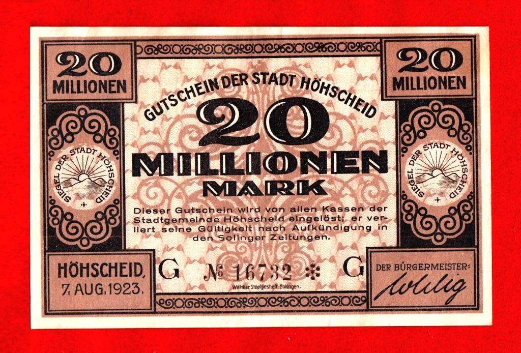 Германия (Хохшайд - Hönscheid), 20000000 (20 млн.) марок, 1923, XF, № 16732, РЕДКАЯ