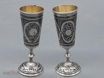 Рюмки серебро, 2 шт., Кубачи, чернь, позолота, СССР, 875 проба, Кубачинский худкомбинат, №486