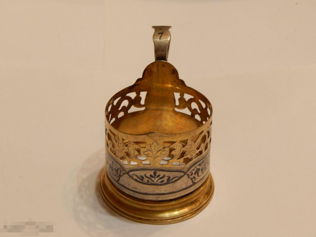 Подстаканник серебряный, Кубачи, серебро, 875 проба, позолота, чернь, штихель, №777