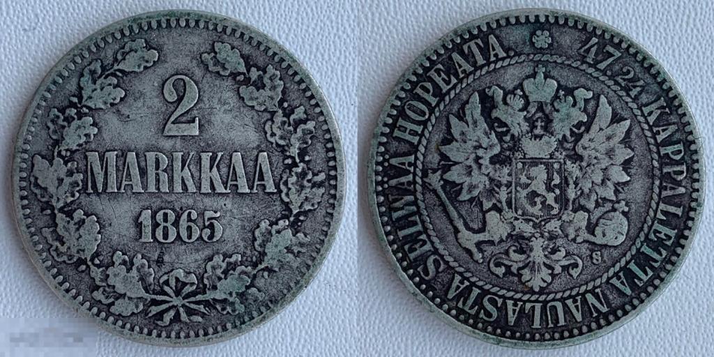 2 марки 1865г., Русская Финляндия, Александр II, оригинал, серебро, №1303