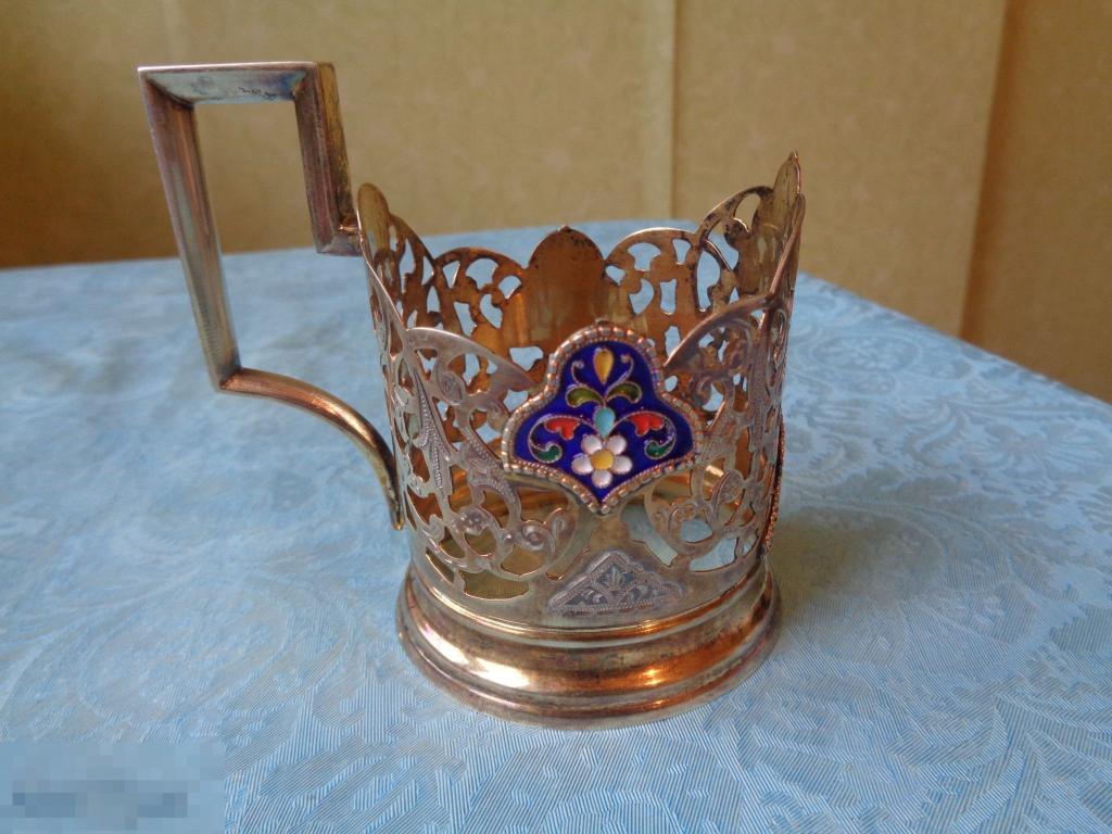 Серебряный подстаканник, эмали, цветы, серебро 875 пр, золочение, СССР, №1502
