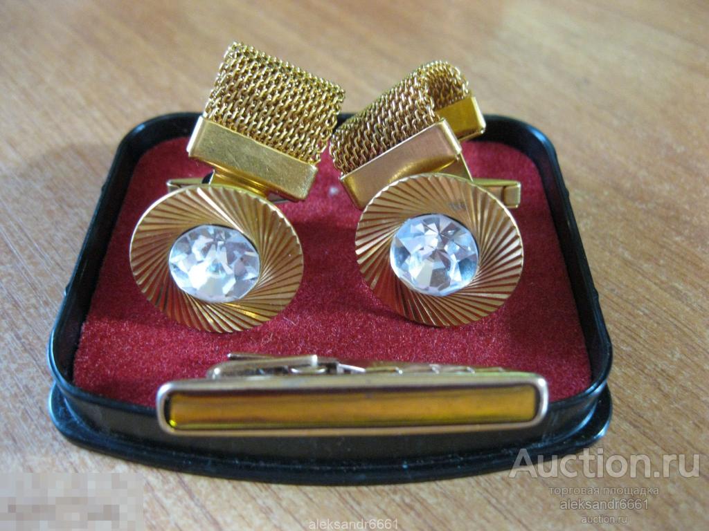 запонки КОМПЛЕКТ зажим футляр коробка галстук СССР латунь НАБОР позолота ХРУСТАЛЬ? 