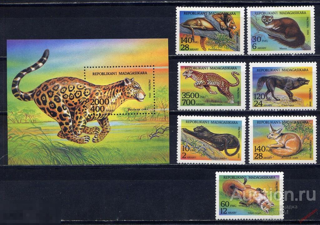МАДАГАСКАР 1994 1701-1707+BL.261 ФАУНА, ДИКИЕ КОШКИ, ЛИСЫ ВОЛКИ, КУНИЦЫ 