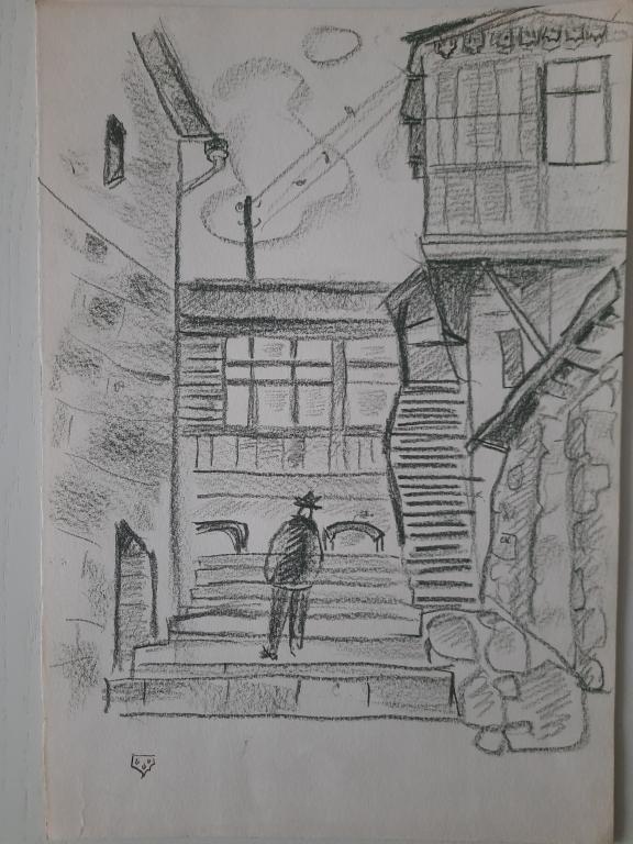 Полянская Л.С. (1905-1979)  Стоящий на лестнице между домами