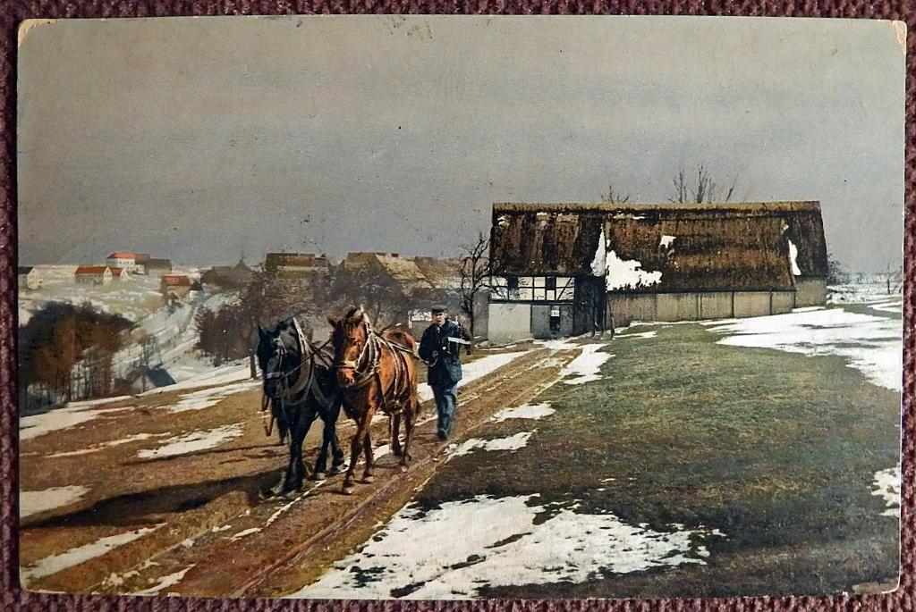 Антикварная открытка. Путь на работу. Лошадь. Мужчина