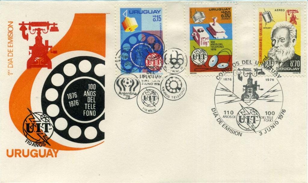 Уругвай (Г0049) Конверт СГ Связь Телефоны UIT Белл Спутники 1976 Космос