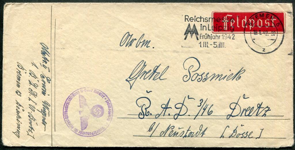 Германия Рейх 1942 полевая почта Бремен Кригсмарине ВМФ подводная лодка субмарина виньетка конверт