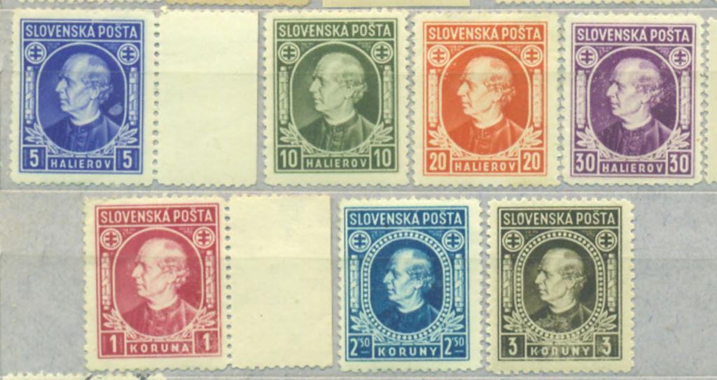 Словакия 1939 г.  стандарт марки № 35-38,, 40-42,  негаш* (незначительные дефекты клея)