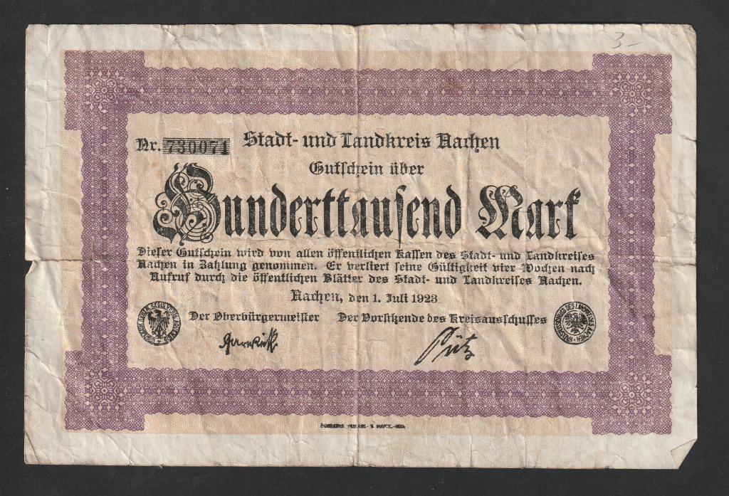 Германия, 100000 марок 1923 года, Аахен
