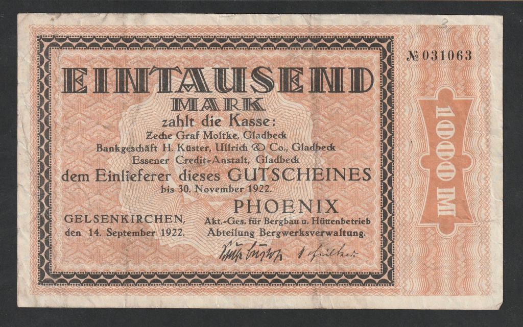 Германия, 1000 марок 1922 года, Гельзенкирхен