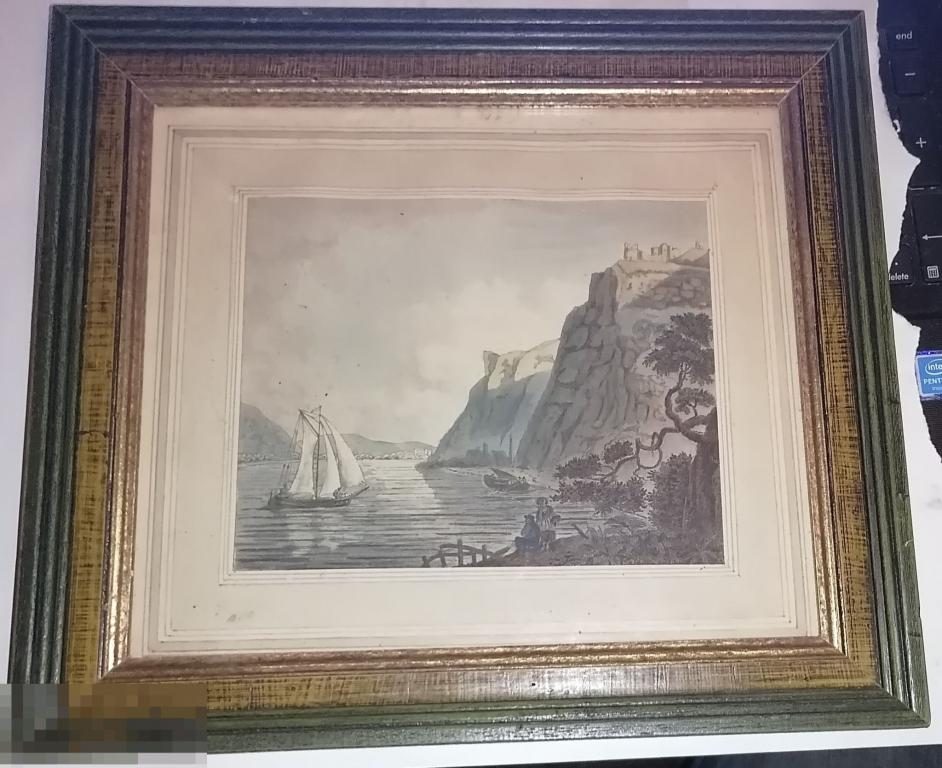 старая картина рисунок Лодки в заливе, Германия, 1820 годы 