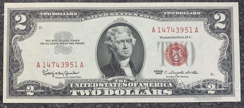США 2  ДОЛЛАРА 1963( КРАСНАЯ ПЕЧАТЬ ) № A 14743951 A  СОСТОЯНИЕ НА ФОТО