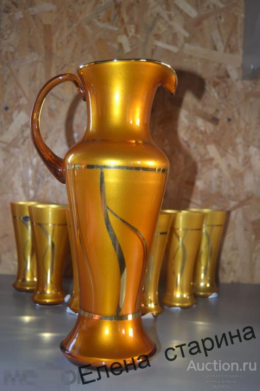 винтажный набор кувшин и 6 стаканов богемия чехия  позолота 