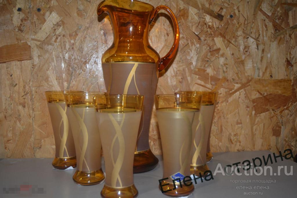 винтажный набор кувшин и 6 стаканов богемия чехия  позолота медовый 