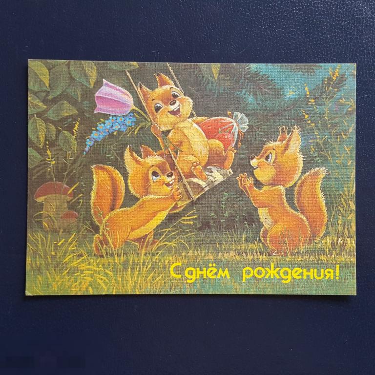 1991 год ПК открытка Зарубин с днём рождения белочка белочки катаются 1990 чистая 