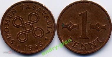 3192 Финляндия 1 пенни 1963 год 