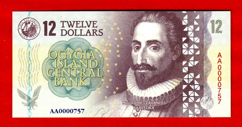 Остров Огиджия, 12 долларов, ВЕЛИКИЕ ПИСАТЕЛИ – М.СААВЕДРА, 2019, UNC, ВЗ И ГОЛОГРАММА