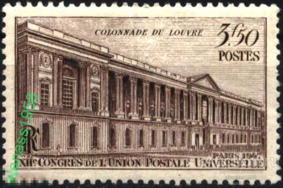 Франция  Чистая марка Архитектура Колоннада Лувра 1947 