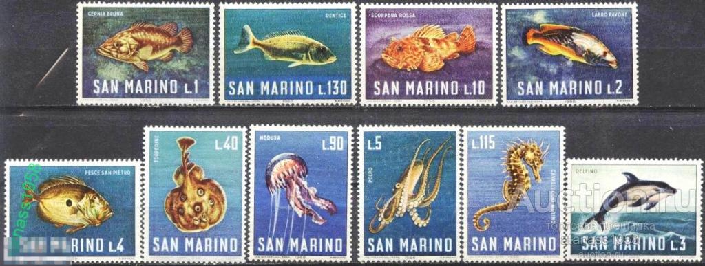Сан Марино  Чистые марки Морская Фауна Рыбы 1966 