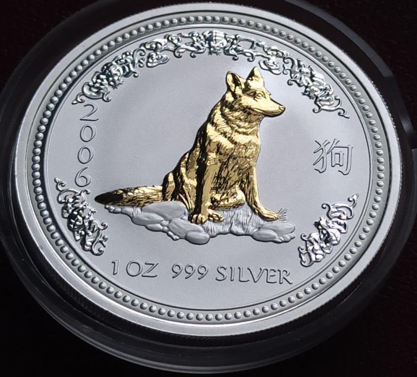 1 доллар 2006 Год собаки Лунар 1 Серебро Позолота Австралия, 1 унция