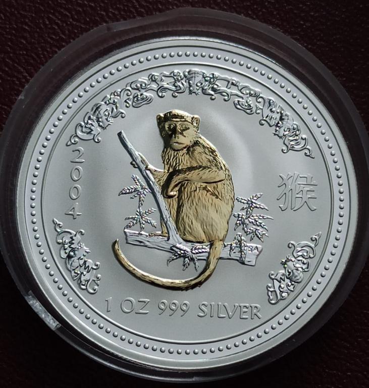 1 доллар 2004 Год обезьяны Лунар 1 Серебро Позолота Австралия, 1 унция