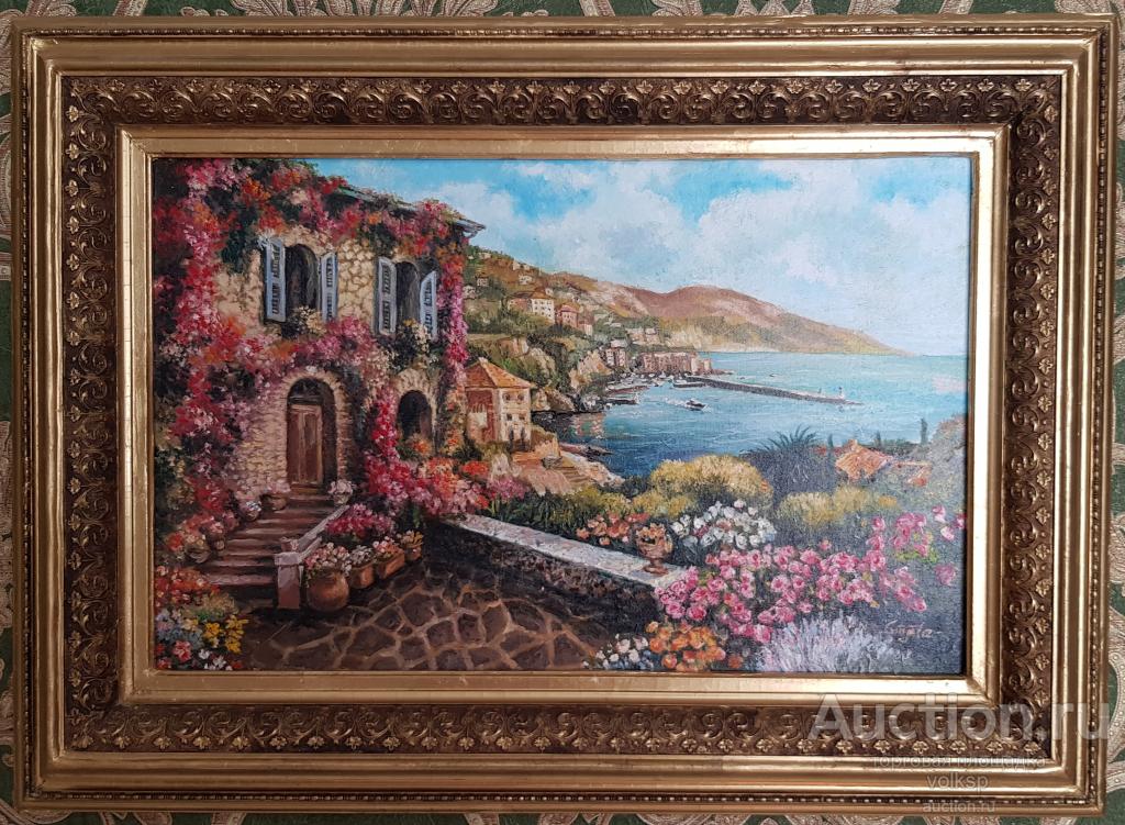 Картина маслом в рамке на холсте, Домик у моря.