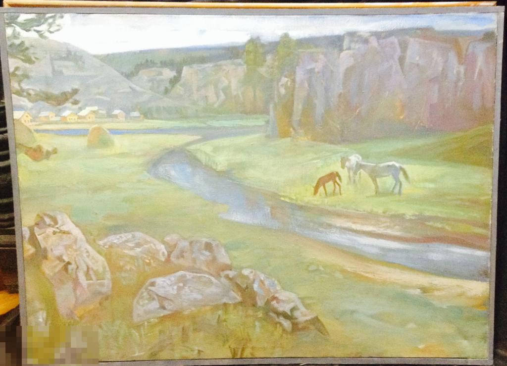 Картина пейзаж лошади, река. Масло. Холст. 