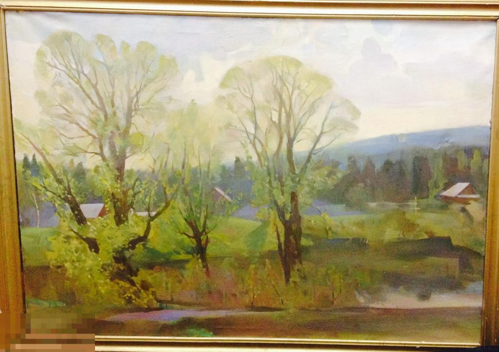 Картина пейзаж поселок. Масло. Холст. 