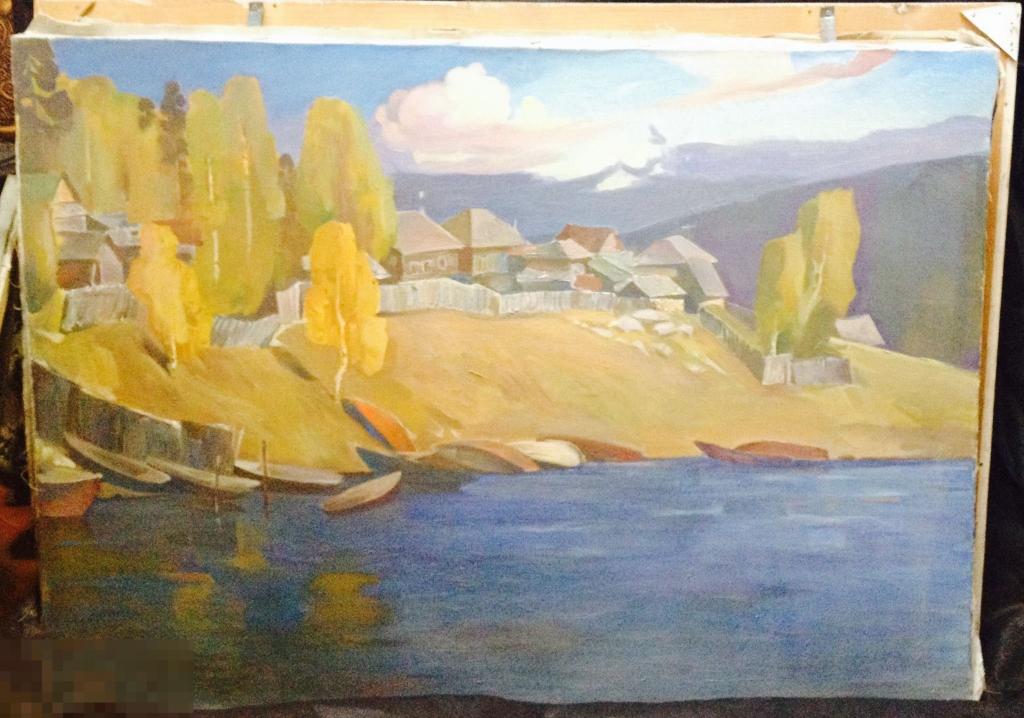 Картина пейзаж поселок у реки, лодки. Масло. Холст. 