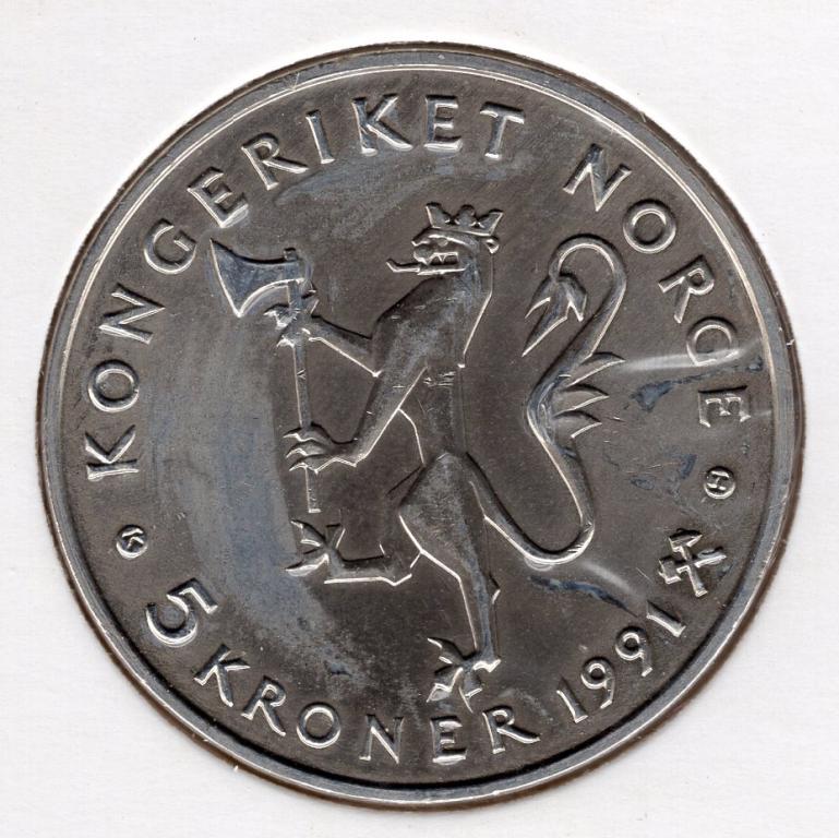 5 крон - Норвегия - 1991 - 175 лет Национальному банку - KM#430