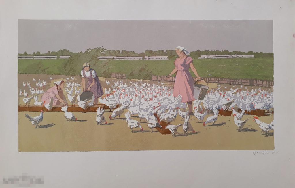 Бронштейн Ш.И. Птичницы (пробный оттиск). 1958. Б., цв. линогравюра, размер изображения 28х53 