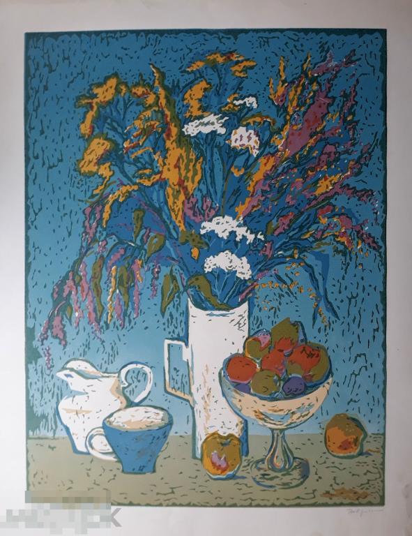 Ковригина Т.Д. Цветы и фрукты.1980. Б., цв. линогравюра, 54,4х43 (изображение) 