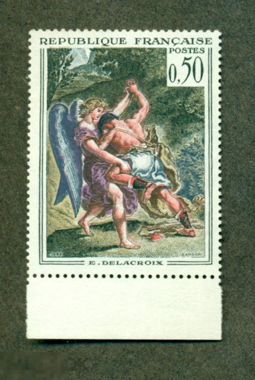 Почтовая марка. Франция. 1963. Живопись . «Борьба Иакова с ангелом». Эжен Делакруа 