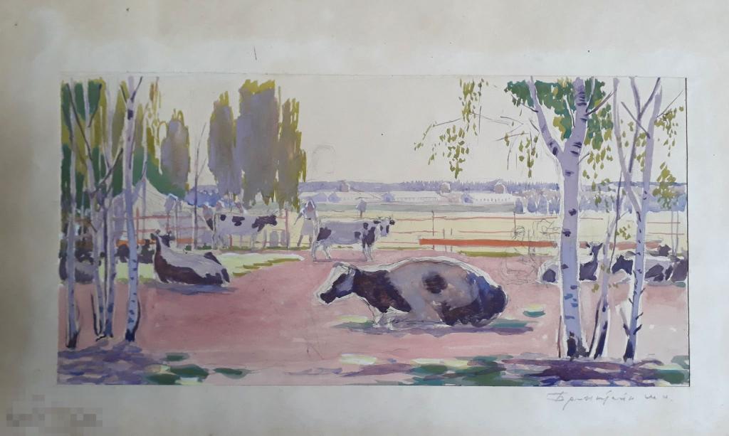 Бронштейн Ш.И. Доярка. Этюд к гравюре. 1948. Б., темпера,  16х31 (в свету) 
