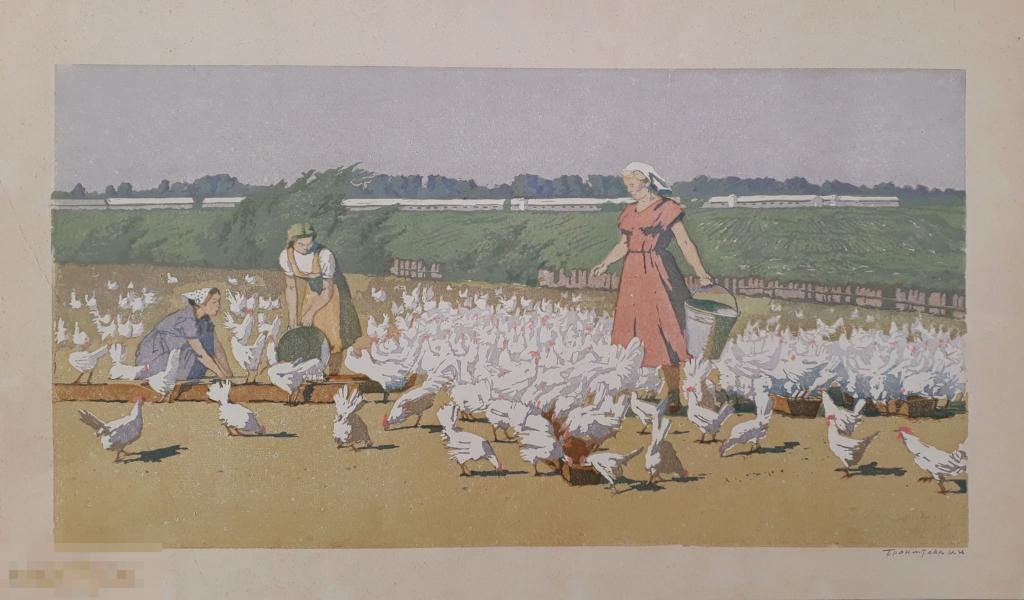 Бронштейн Ш.И. Птичницы (пробный оттиск). 1958. Б., цв. линогравюра, размер изображения 28х53 