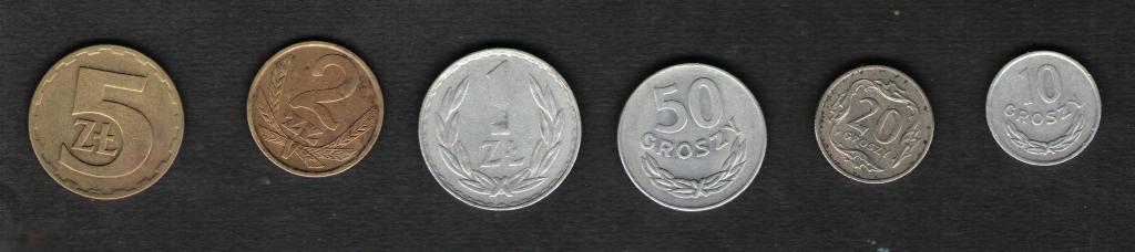 Польша. Набор монет. 5,2,1 злотых, 50,20,10 грошей 