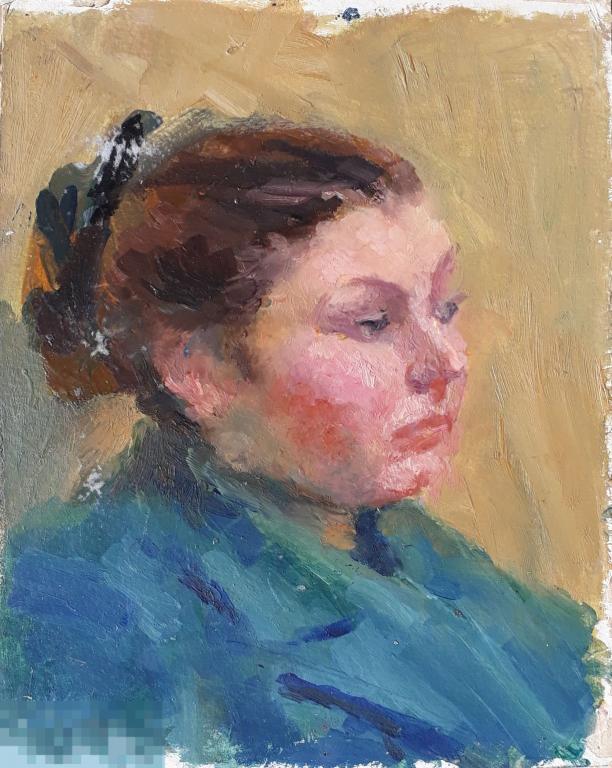 Бронштейн Ш.И. Задумалась. 1940е. Картон, масло, 27х20 